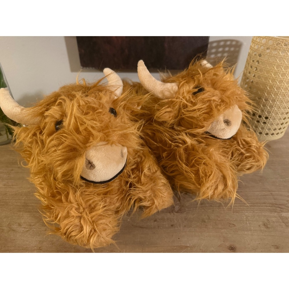 Highland Cow Plush Slippers Shaggy Faux Fur Novelty House‎ Shoes Ginger Brown